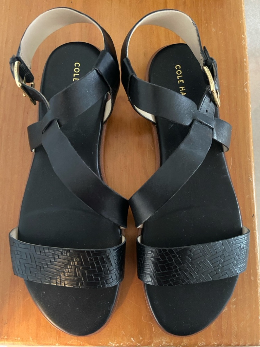 Cole Haan Black Leather Cross-Strap Sandals with Textured Front